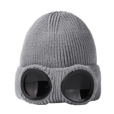 Men Women Winter Knitted Beanie Built-In Wind Protection Goggles, Upgraded Warm Skull Cap, Versatile Grey One Size