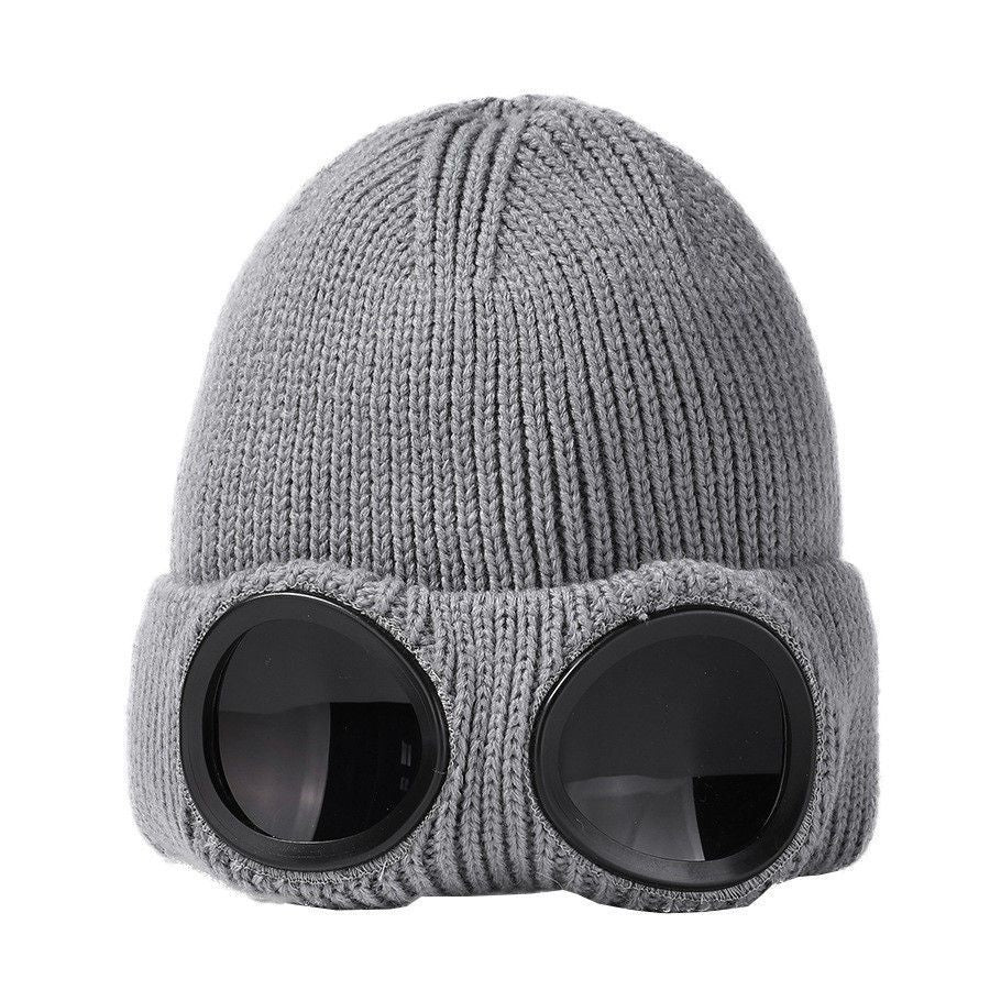 Men Women Winter Knitted Beanie Built-In Wind Protection Goggles, Upgraded Warm Skull Cap, Versatile Grey One Size