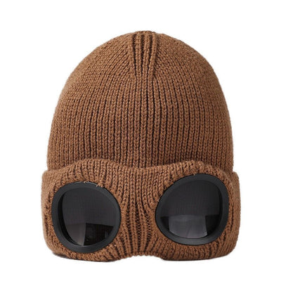 Upgraded Warm Fleece Lined Beanie With Windproof Goggles, Wind Resistant Knit Hat For Outdoor Activity, Earthy Brown One Size
