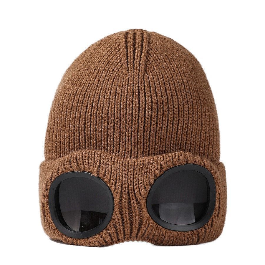 Upgraded Warm Fleece Lined Beanie With Windproof Goggles, Wind Resistant Knit Hat For Outdoor Activity, Earthy Brown One Size