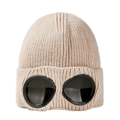 Winter Thermal Knit Beanie Equipped Windproof Eyewear, Comfort Upgraded Cold Weather Hat, Soft Beige One Size