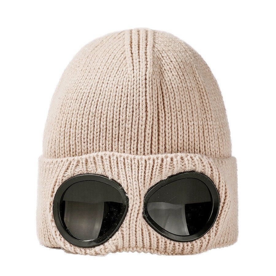 Winter Thermal Knit Beanie Equipped Windproof Eyewear, Comfort Upgraded Cold Weather Hat, Soft Beige One Size