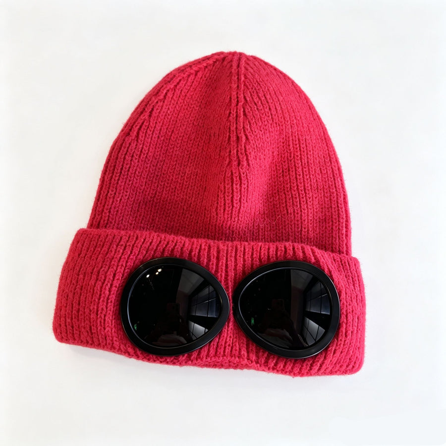 Thick Warm Knitted Skull Cap With Attached Windproof Goggles, Upgraded Outdoor Beanie, Vibrant Red One Size