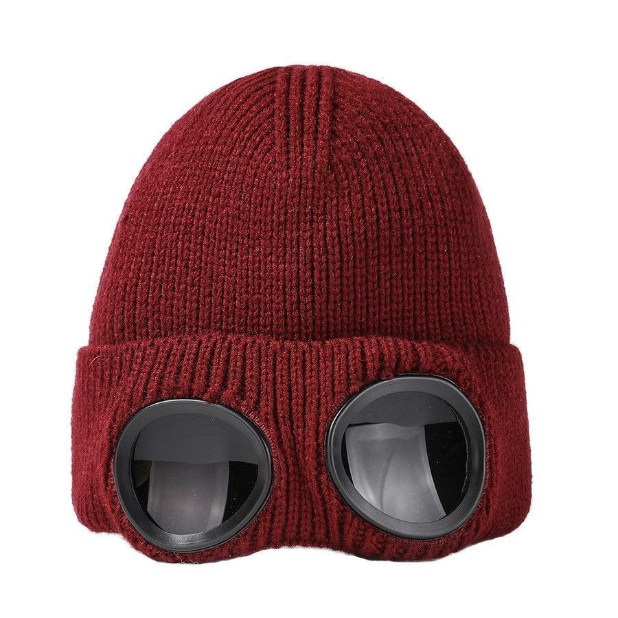 Upgraded Fleece Lined Windproof Goggle Knit Beanie, Thermal Winter Hat For Skiing & Daily Wear, Burgundy One Size