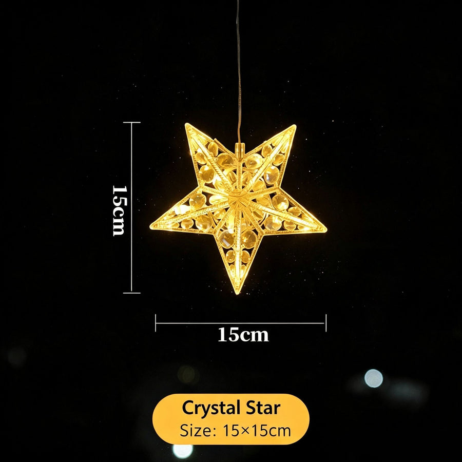 Crystal Five Point Star LED Suction Cup Lights, Battery Operated Indoor Christmas Window Decoration