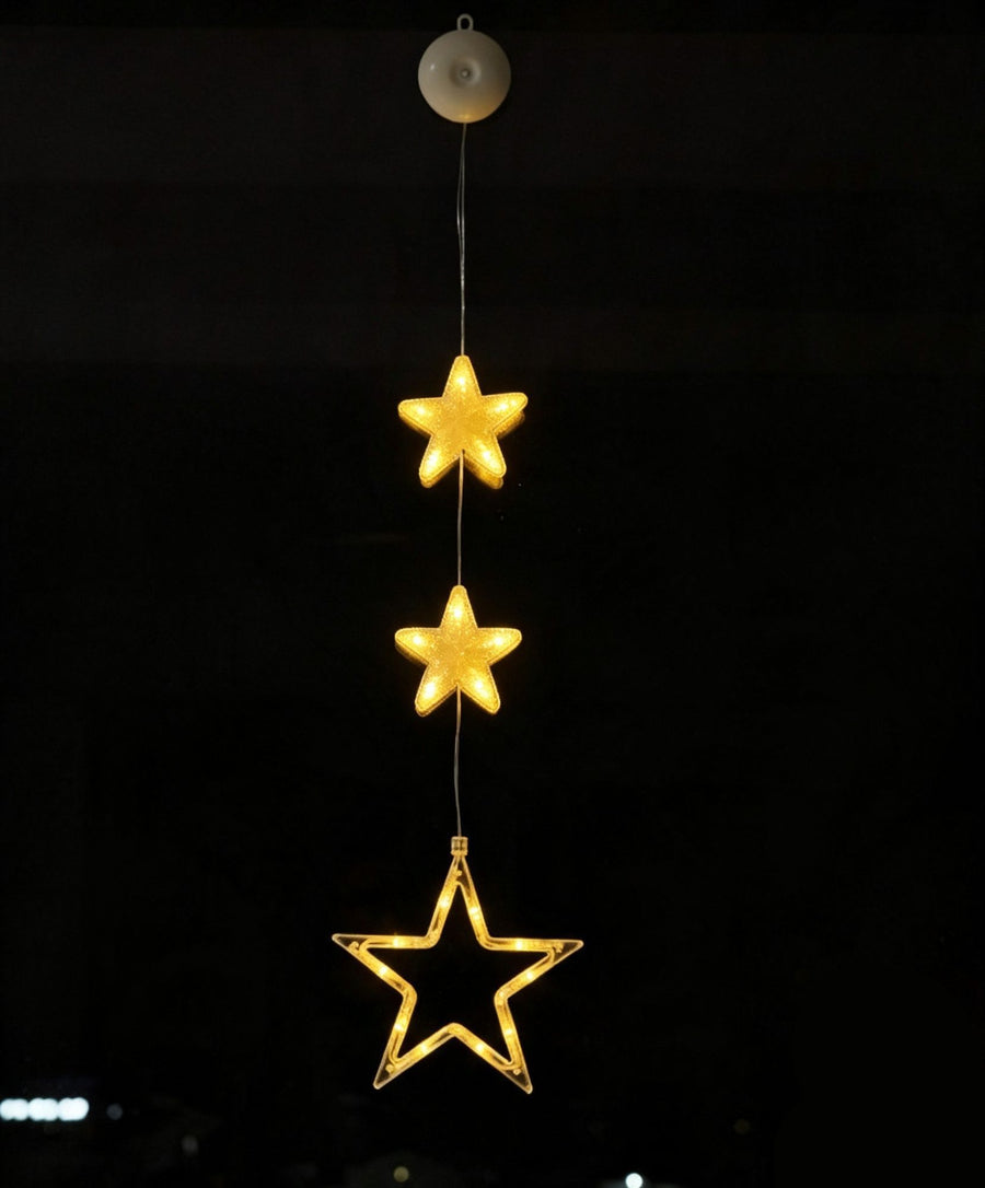 Three-Pendant LED Curtain Suction Lights, Warm White Five Point Star Battery Lights, Delightful Christmas Window Ornament