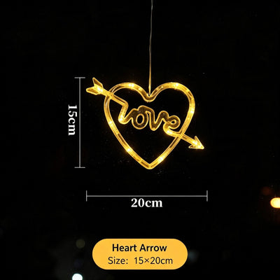 Warm White Cupid’s Arrow Heart LED Suction Lights, Battery Operated Romantic Christmas Curtain Lighting