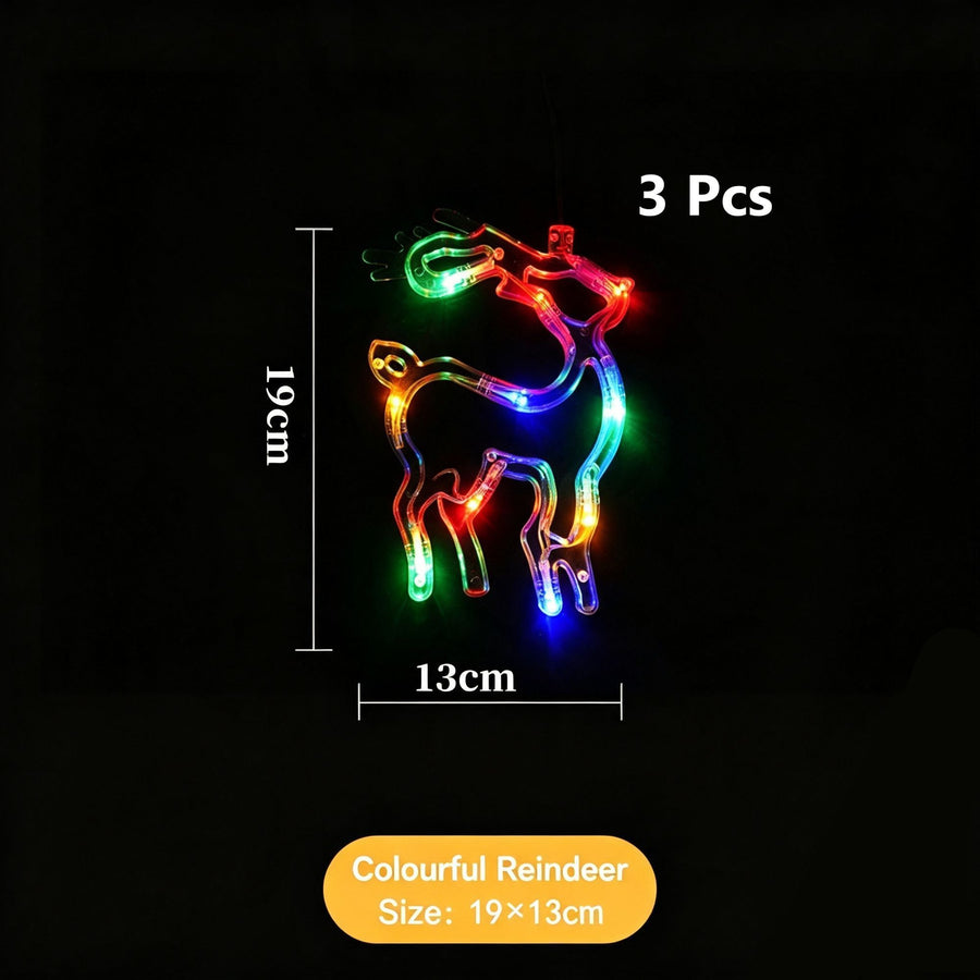 Battery Powered Suction Cup Window Lights, Colourful Reindeer LED Curtain Lamp 3 Pack, Lovely Holiday Decoration For Christmas