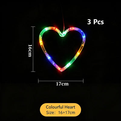 Christmas LED Suction Hanging Lights, Colourful Heart Shape Fairy Lights 3 Pack, Warm Home Window Festive Ornaments