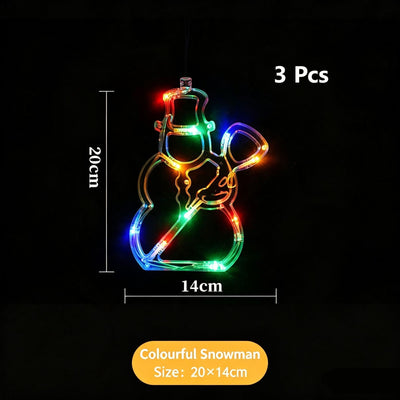 Christmas Suction Cup LED Decor Lights, Colourful Snowman Curtain Lights 3 Pack, Charming Holiday Window Display Ornament