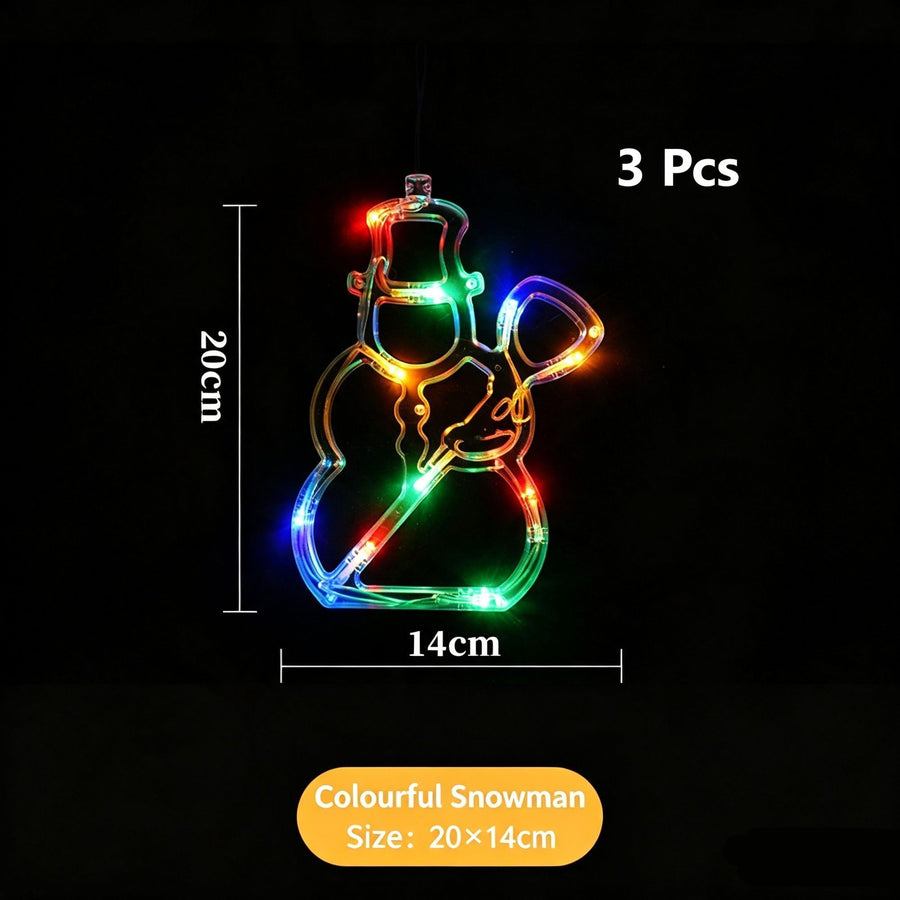 Christmas Suction Cup LED Decor Lights, Colourful Snowman Curtain Lights 3 Pack, Charming Holiday Window Display Ornament