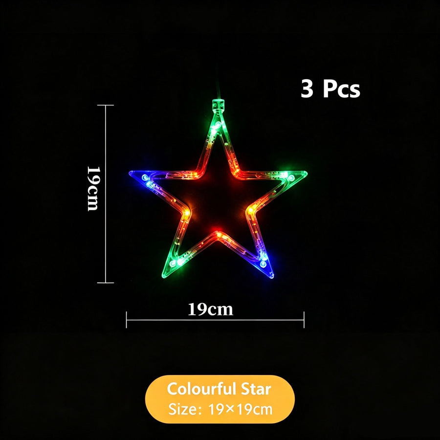 Colourful Five Point Star LED Suction Cup Curtain Lights 3 Pack, Battery Operated Christmas Window Decoration Lamp