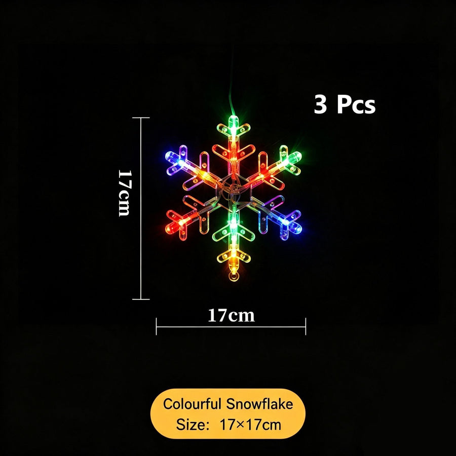 Christmas Battery Suction Cup Fairy Lights, Colourful Snowflake Curtain Lights 3 Pack, Romantic Festive Window Lighting