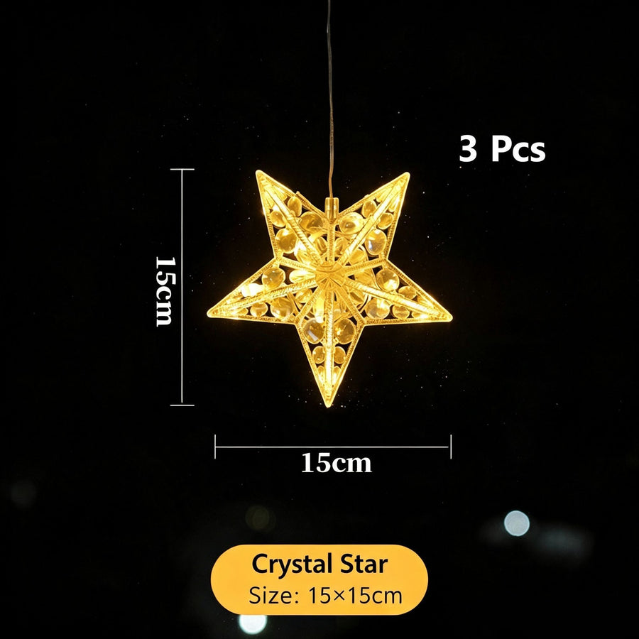 Crystal Five Point Star LED Suction Cup Lights 3 Pack, Battery Operated Indoor Christmas Window Decoration