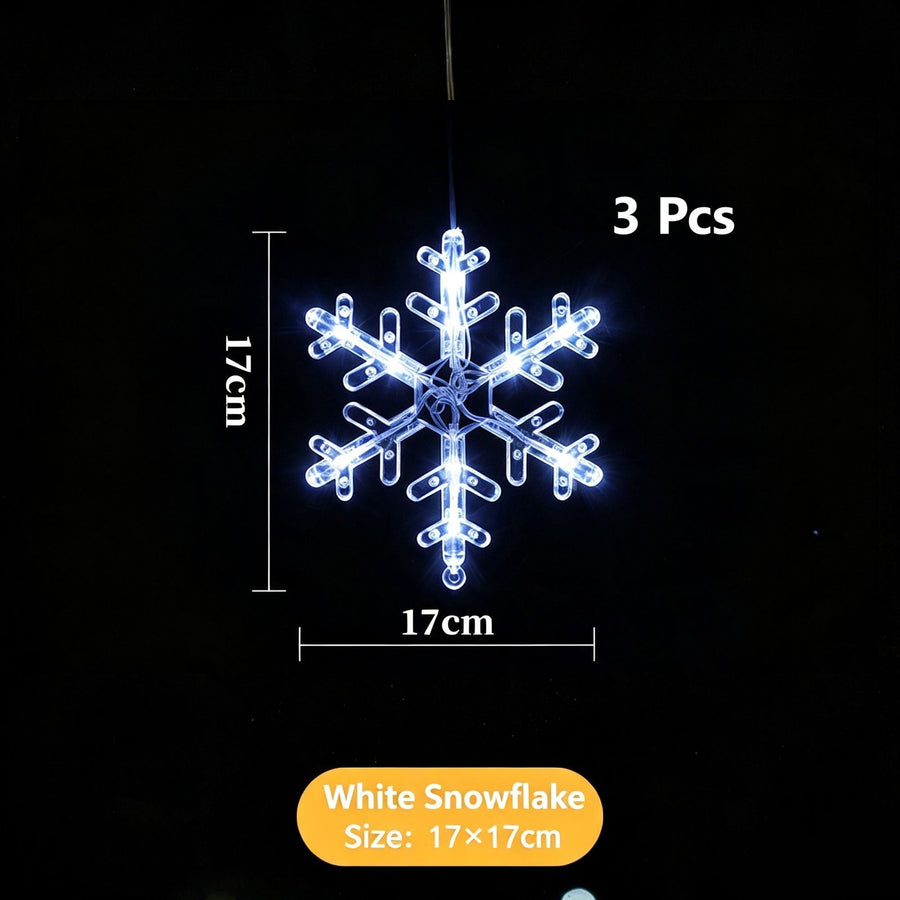White Light Snowflake LED Suction Cup Lights 3 Pack, Battery Powered Christmas Curtain Lamp, Simple Winter Window Decor