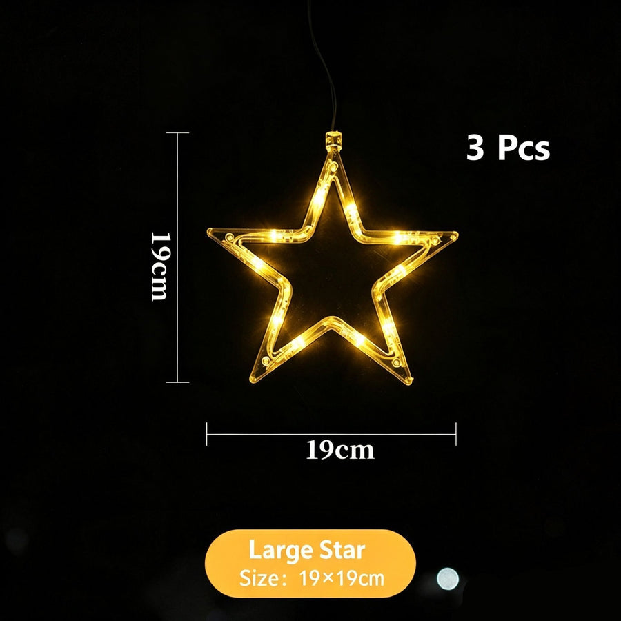 Warm White Five Point Star LED Suction Cup Lights 3 Pack, Battery Powered Christmas Window Curtain Fairy Lights