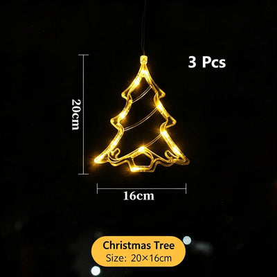Warm White Christmas Tree LED Suction Curtain Lights 3 Pack, Battery Operated Festive Window Holiday Lighting