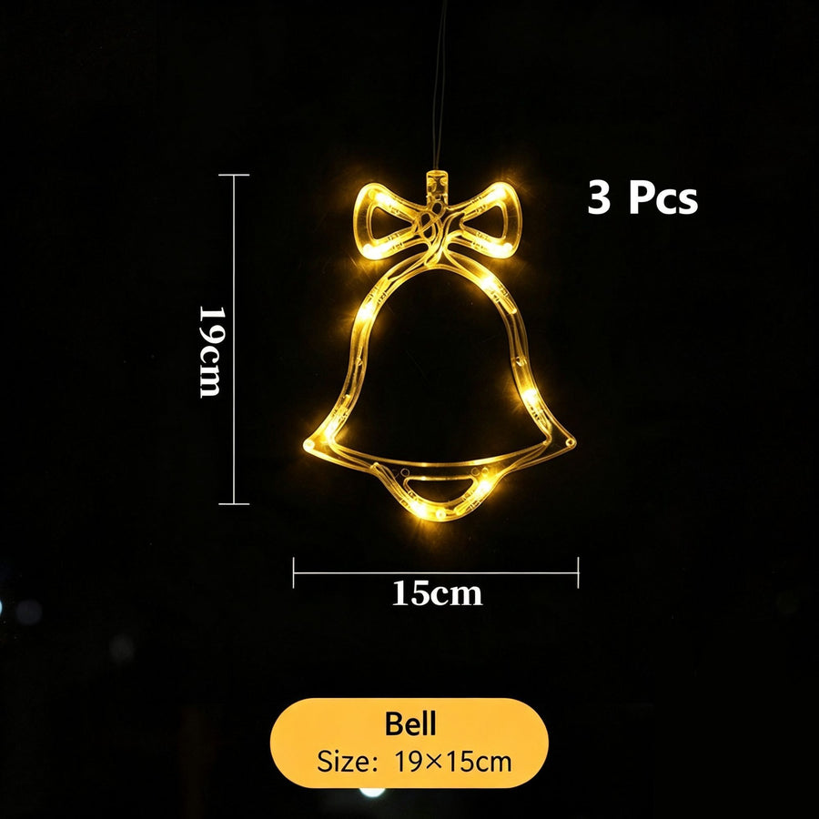 Warm White Bell Shape LED Suction Cup Lights 3 Pack, Battery Powered Christmas Indoor Window Ornament Lights