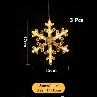 Warm White Snowflake LED Suction Curtain Lights 3 Pack, Battery Operated Romantic Christmas Home Decor Lamp