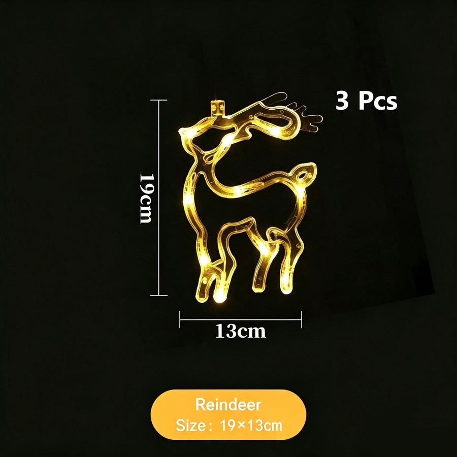 Warm White Reindeer LED Suction Curtain Lights 3 Pack, Battery Operated Cheerful Holiday Window Decoration