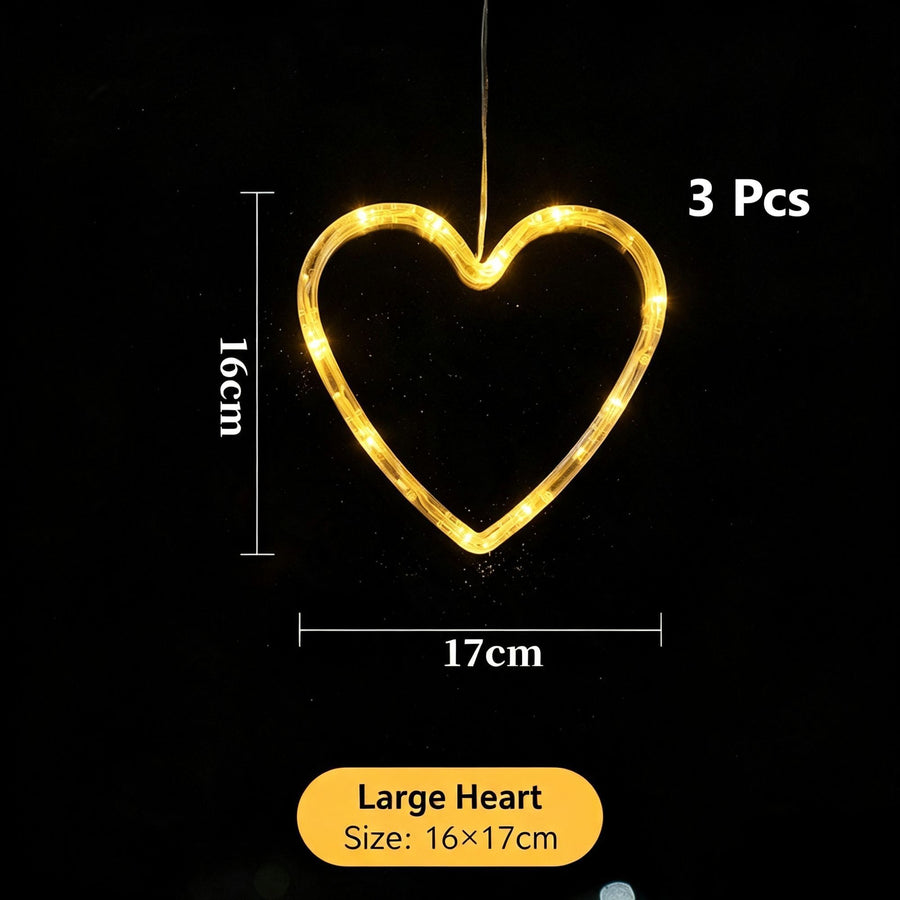 Warm White Heart LED Suction Cup Lights 3 Pack, Battery Powered Sweet Christmas Indoor Window Fairy Lights