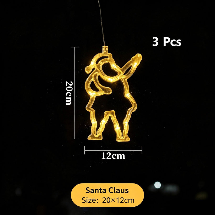 Warm White Santa Claus LED Suction Curtain Lights 3 Pack, Battery Operated Fun Christmas Window Lighting Ornament