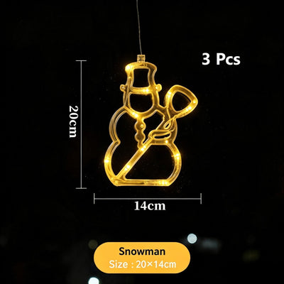 Warm White Snowman LED Suction Curtain Lights 3 Pack, Battery Operated Cute Christmas Window Hanging Lamp