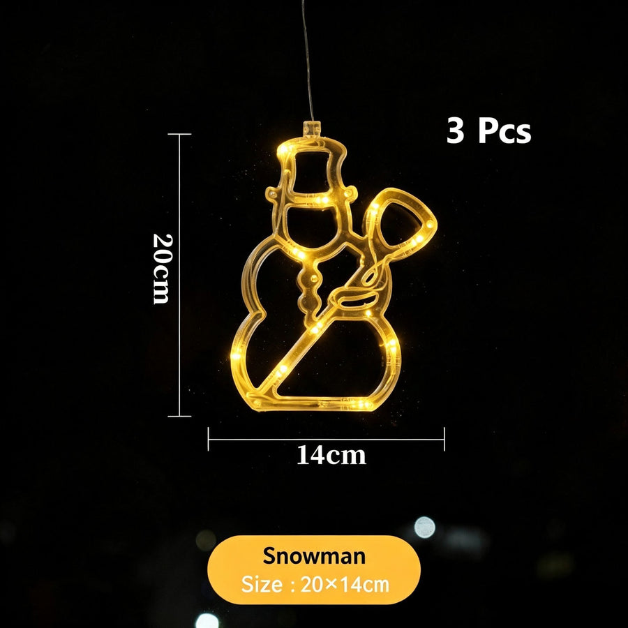 Warm White Snowman LED Suction Curtain Lights 3 Pack, Battery Operated Cute Christmas Window Hanging Lamp