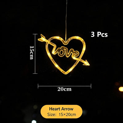 Warm White Cupid’s Arrow Heart LED Suction Lights 3 Pack, Battery Operated Romantic Christmas Curtain Lighting