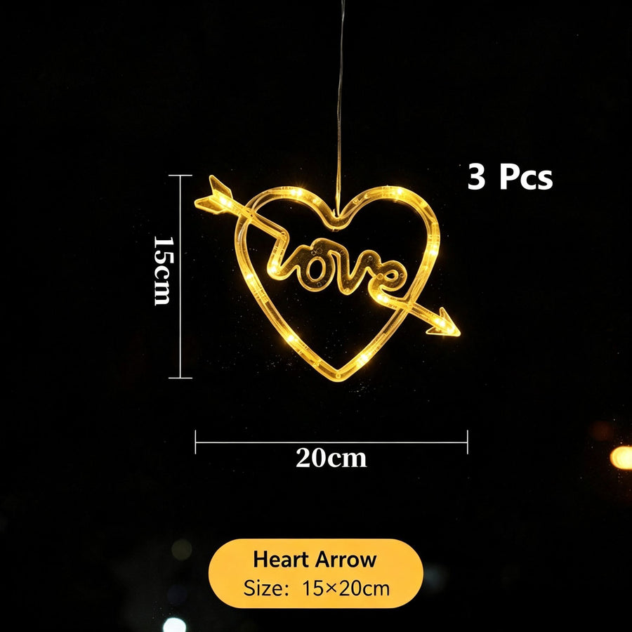 Warm White Cupid’s Arrow Heart LED Suction Lights 3 Pack, Battery Operated Romantic Christmas Curtain Lighting