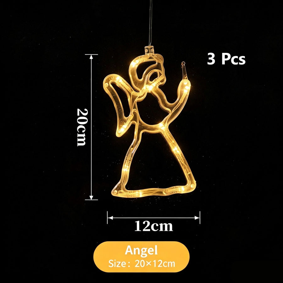 Warm White Angel Shape LED Suction Cup Lights 3 Pack, Battery Operated Graceful Indoor Christmas Window Ornaments