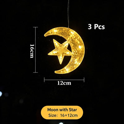 Warm White Moon With Star LED Suction Curtain Lights 3 Pack, Battery Operated Dreamy Festive Home Decoration