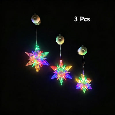 Colourful Diamond Snowflake Star LED Suction Lights 3 Pack, Battery Operated Eye-catching Christmas Window Lighting