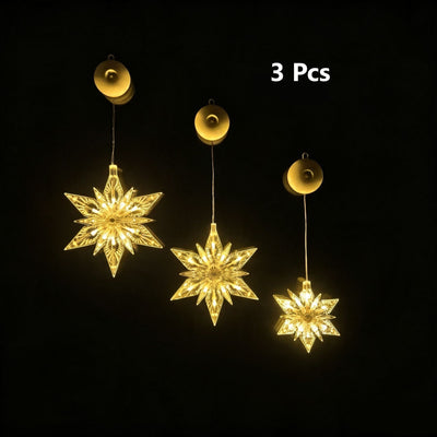 Warm White Diamond Snowflake Star LED Suction Cup Lights 3 Pack, Battery Powered Elegant Winter Holiday Decor