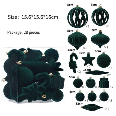Luxury Flocked Assorted Shape Christmas Ball Set, Chic Ins Home Xmas Decoration For Christmas Tree, Dark Green 28 Pack Gift Box