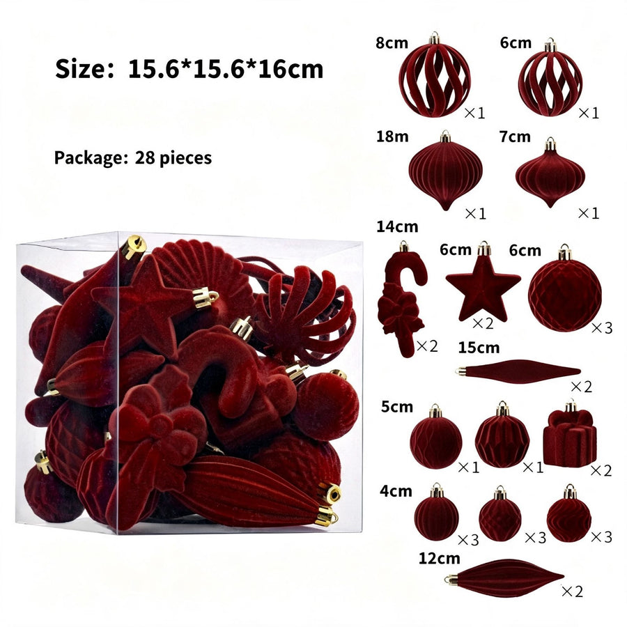 Vintage Flocked Christmas Tree Baubles, Ins Stylish Irregular Hanging Ornament Kit, Coffee 28 Pack Gift Box