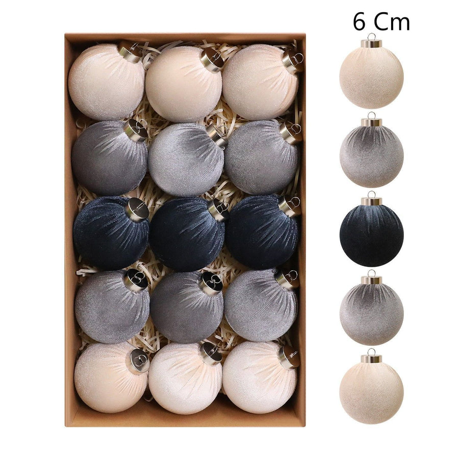 Fabric Covered Velvet Christmas Ball Decorations, Elegant Holiday Tree Pendant, Grey 6cm, 15 Pack