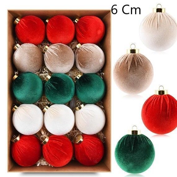 Velvet Fabric Wrapped Christmas Bauble Set, Red Green White Mix Xmas Tree Hanging Decor, 6cm