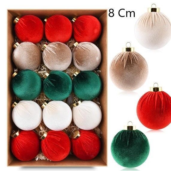 Mixed Red Green White Velvet Wrapped Xmas Baubles, Christmas Tree Hanging Decor, 8cm