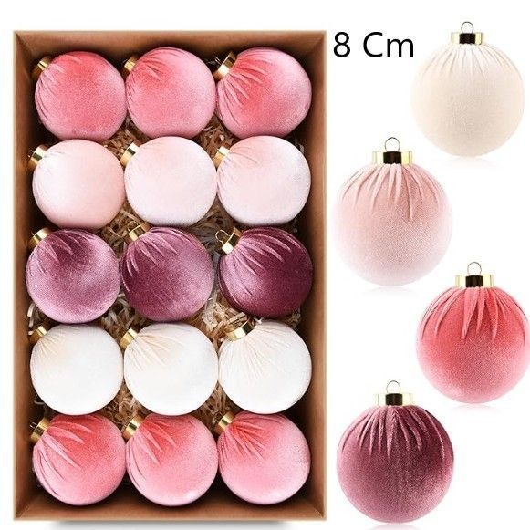 Pink Series Velvet Fabric Christmas Ornaments, Soft Cloth Covered Holiday Baubles, 8cm
