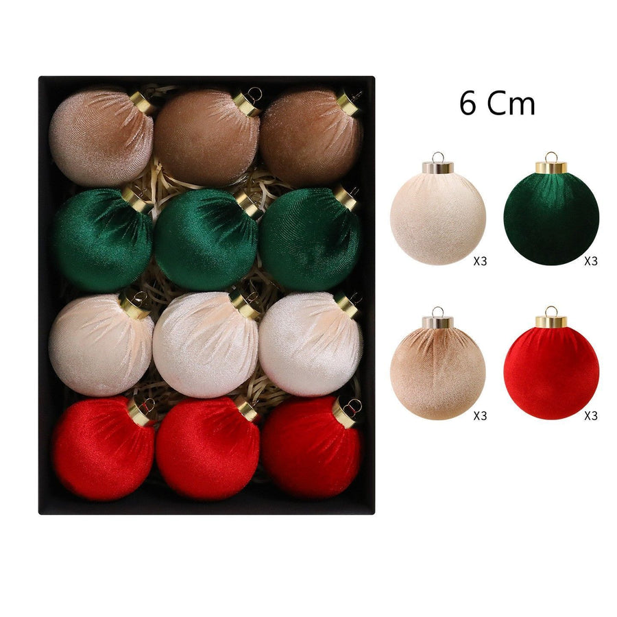 4 Assorted Colour Velvet Wrapped Christmas Baubles, Trendy Xmas Tree Decor, A Set 12 Pack, 6cm