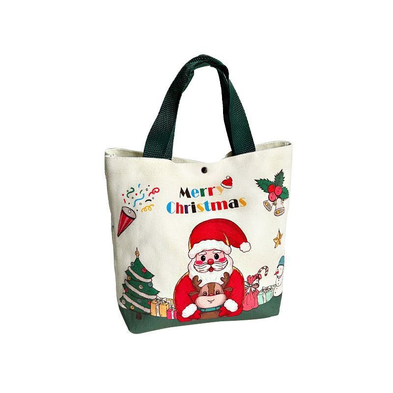 Christmas Gift Tote Bag, Cartoon Polyester Handbag, Reusable Shopping Sack for Xmas & Christmas Eve Gift Packing, Green Handle