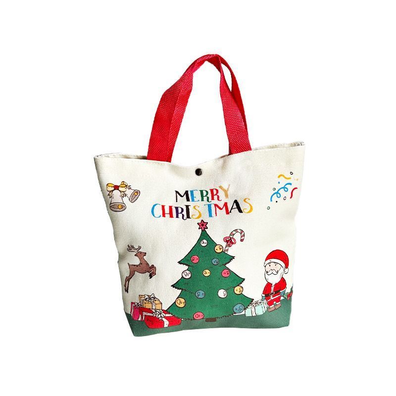 Cartoon Christmas Eve Polyester Carry Bag, Festive Hand Tote Bag, Practical Gift Packaging Sack for Holiday Presents, Red Handle