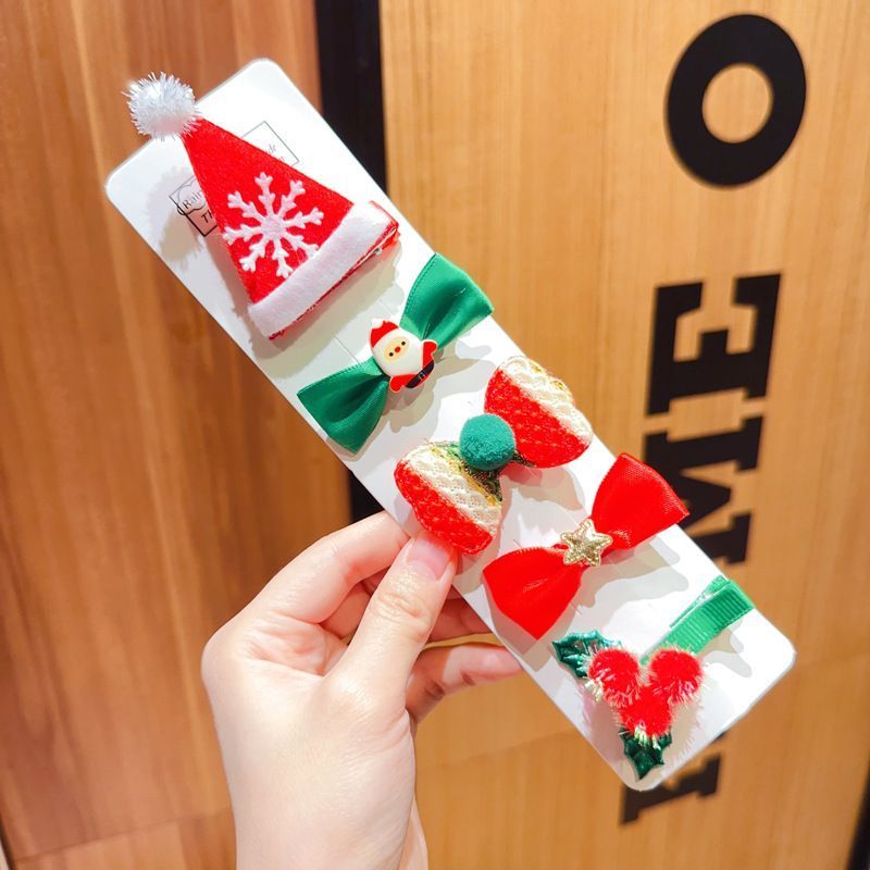 Artistic Christmas Side Hair Clip Collection, Festive Hair Accessories, Santa Hat 5 Pack Card Package
