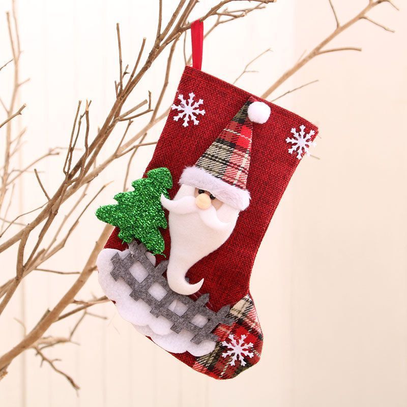 Medium Fenced Burlap Santa Christmas Stocking, Rustic Holiday Tree Gift Bag, 23*15cm