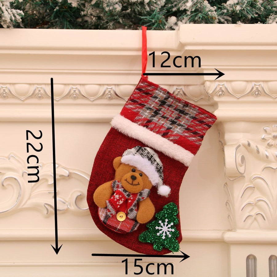 Medium Plaid Bear Christmas Stocking, Tartan Pattern Xmas Tree Decor Pouch, 22*15cm