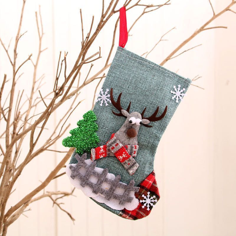 Medium Fenced Burlap Reindeer Christmas Stocking, Rustic Holiday Gift Bag, 23*15cm