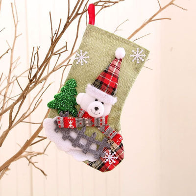 Medium Fenced Linen Bear Christmas Stocking, Vintage Xmas Tree Hanging Sack, 23*15cm