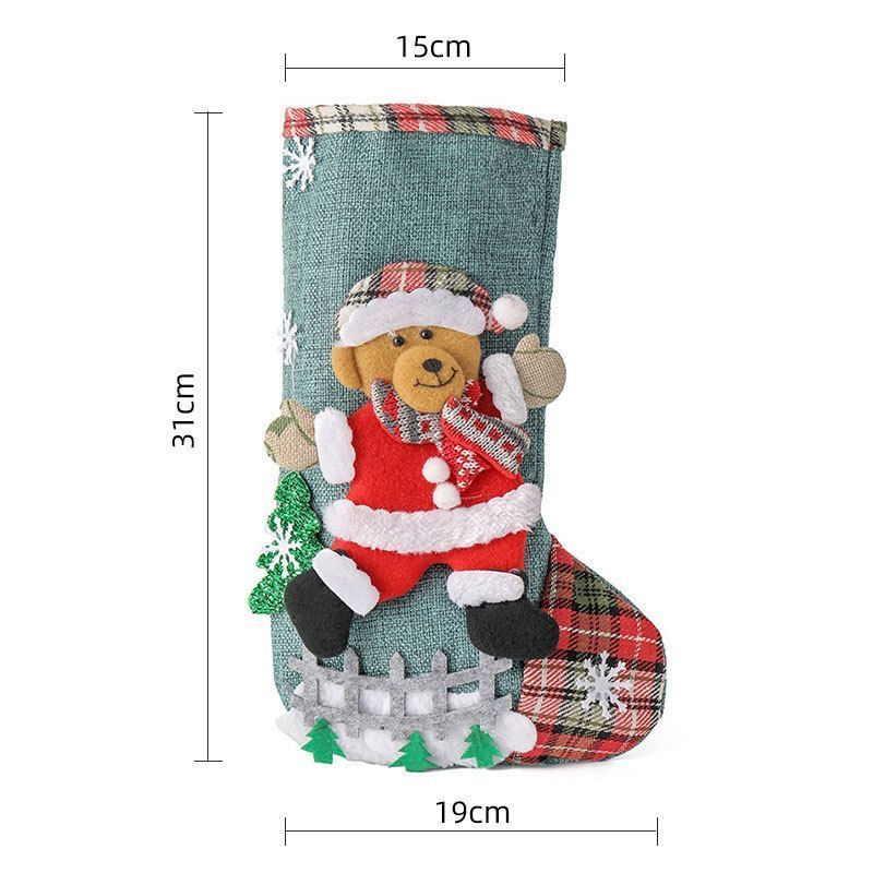 Large Linen Bear Christmas Stocking, Rustic Christmas Tree Hanging Gift Sack, 31*19cm