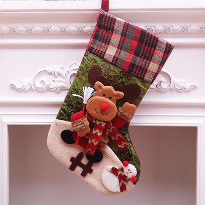 Oversized Plaid Reindeer Christmas Stocking, Tartan Xmas Tree Hanging Gift Bag, 47*29cm